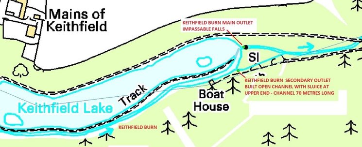 Map Keithfield lake and burn showing the location of the main outlet, secondary outlet